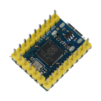 angled top view of ShillehTek RP2040 Zero Microcontroller Board highlighting yellow header pins and USB-C port