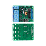 Front and back view of the 4-channel relay module with components and soldered pins ShillehTek