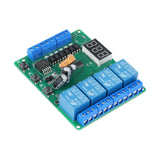 Angled close-up of relay module with blue relay blocks and digital display ShillehTek