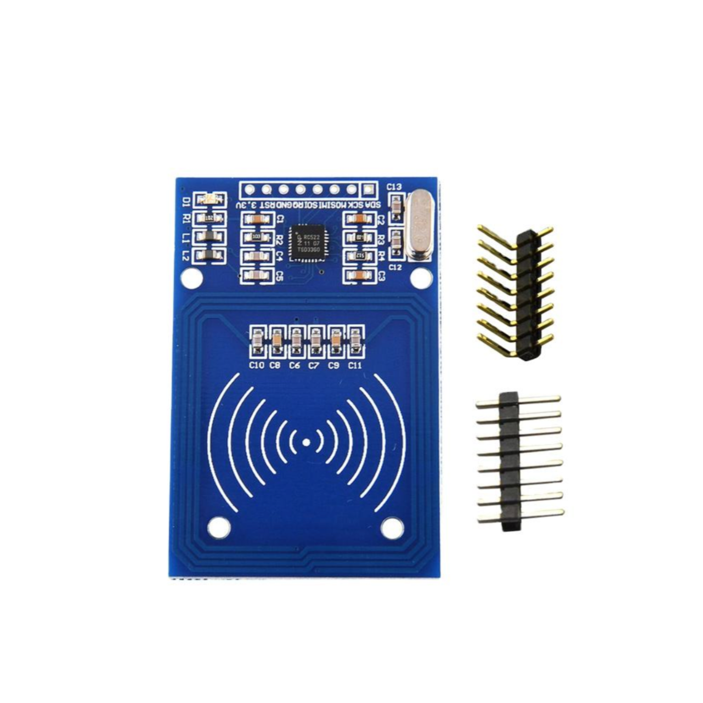 ShillehTek RC522 RFID Reader Writer Module with blue circuit board and gold connector pins