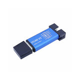 ST-LINK V2 debugger with rainbow wire connectors and blue rectangular metallic case