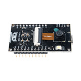 Detailed side angle of ESP32-CAM showing black PCB, camera, and LED