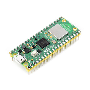 Close-up top angled view of Raspberry Pi Pico 2W with pre-soldered headers