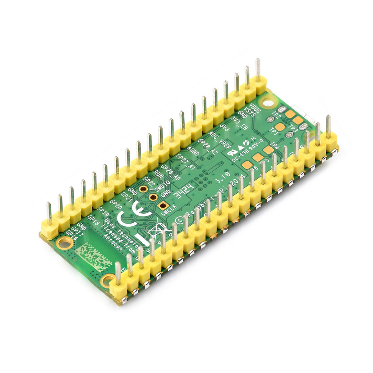 Bottom side showing yellow pre-soldered headers on Raspberry Pi Pico 2W board