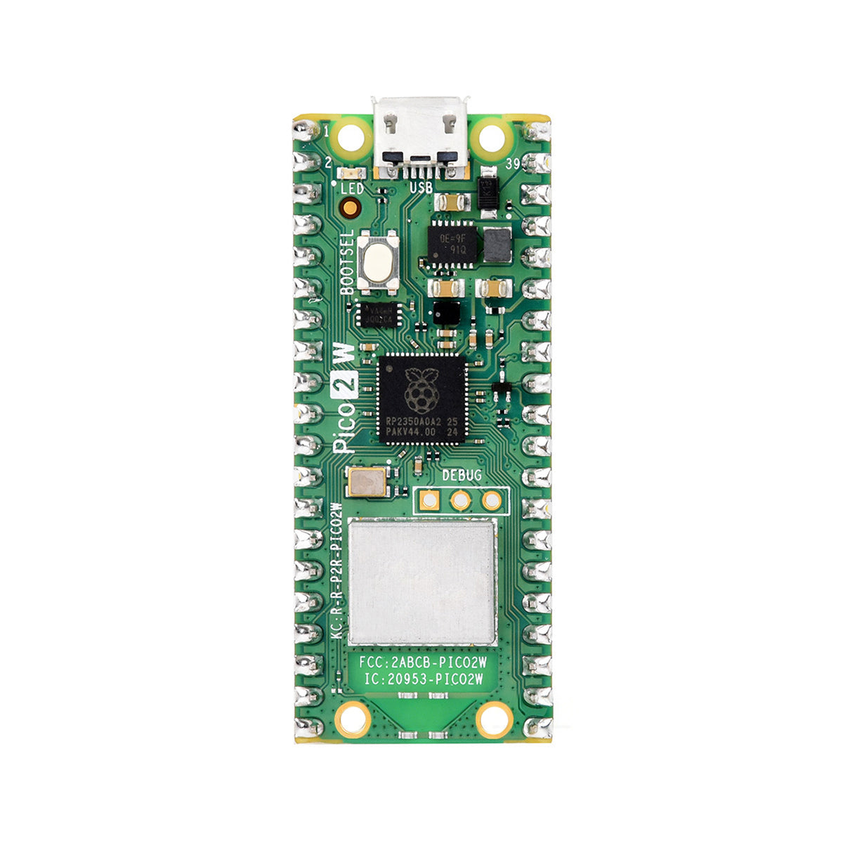 Top view displaying micro USB port and components of Raspberry Pi Pico 2W