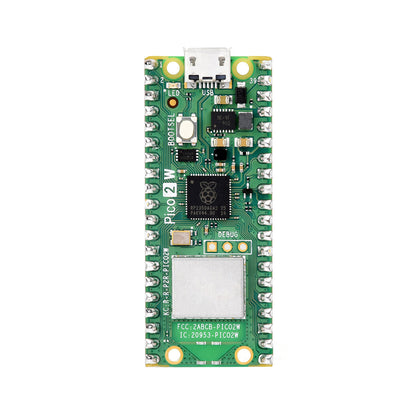 Top view displaying micro USB port and components of Raspberry Pi Pico 2W