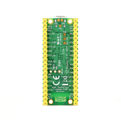 Bottom view highlighting GPIO pin labels and design on Raspberry Pi Pico 2W