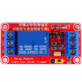 Top view of ShillehTek relay module with blue relay and labeled terminals