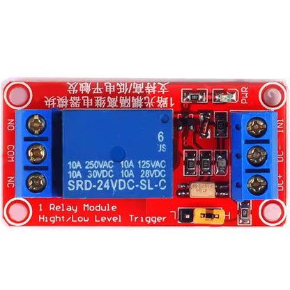 Top view of ShillehTek relay module with blue relay and labeled terminals
