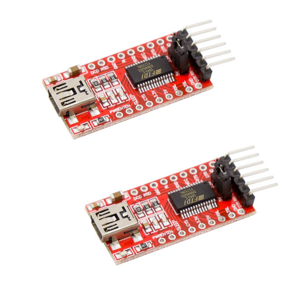 Two ShillehTek FT232RL Mini USB to TTL Serial Converter boards side by side