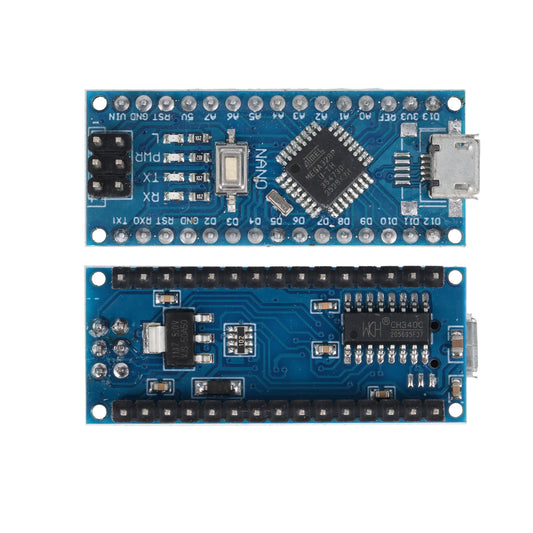 Top and bottom views of Arduino Nano V3.0 Pre-Soldered CH340G ATmega328P board