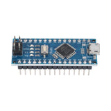 Angled close-up of top side with pins and USB port Arduino Nano V3.0 Pre-Soldered