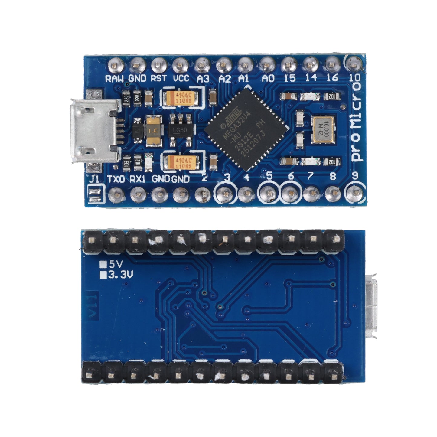 Set of two Pro Micro ATmega32U4 5V 16MHz development boards showing front and back sides