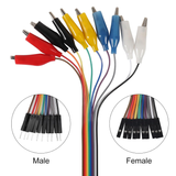 30cm 10-pin alligator clip wires with male and female Dupont connectors in multiple colors