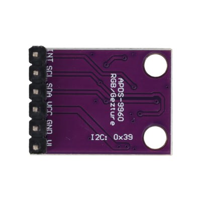 Back side of APDS-9960 RGB gesture proximity and color sensor module with pin labels and mounting holes