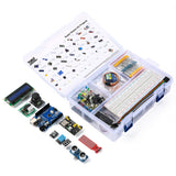 Super Starter Kit for Arduino Uno R3 with various electronic components and sensors neatly organized in a plastic case