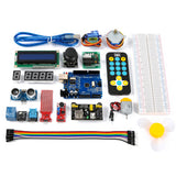 Complete Arduino Uno R3 starter kit with LCD, sensors, remote, motor, breadboard, and jumper wires