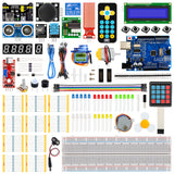 Complete Super Starter Kit for Arduino Uno R3 with sensors, modules, LEDs, breadboard, jumper wires, and remote controls