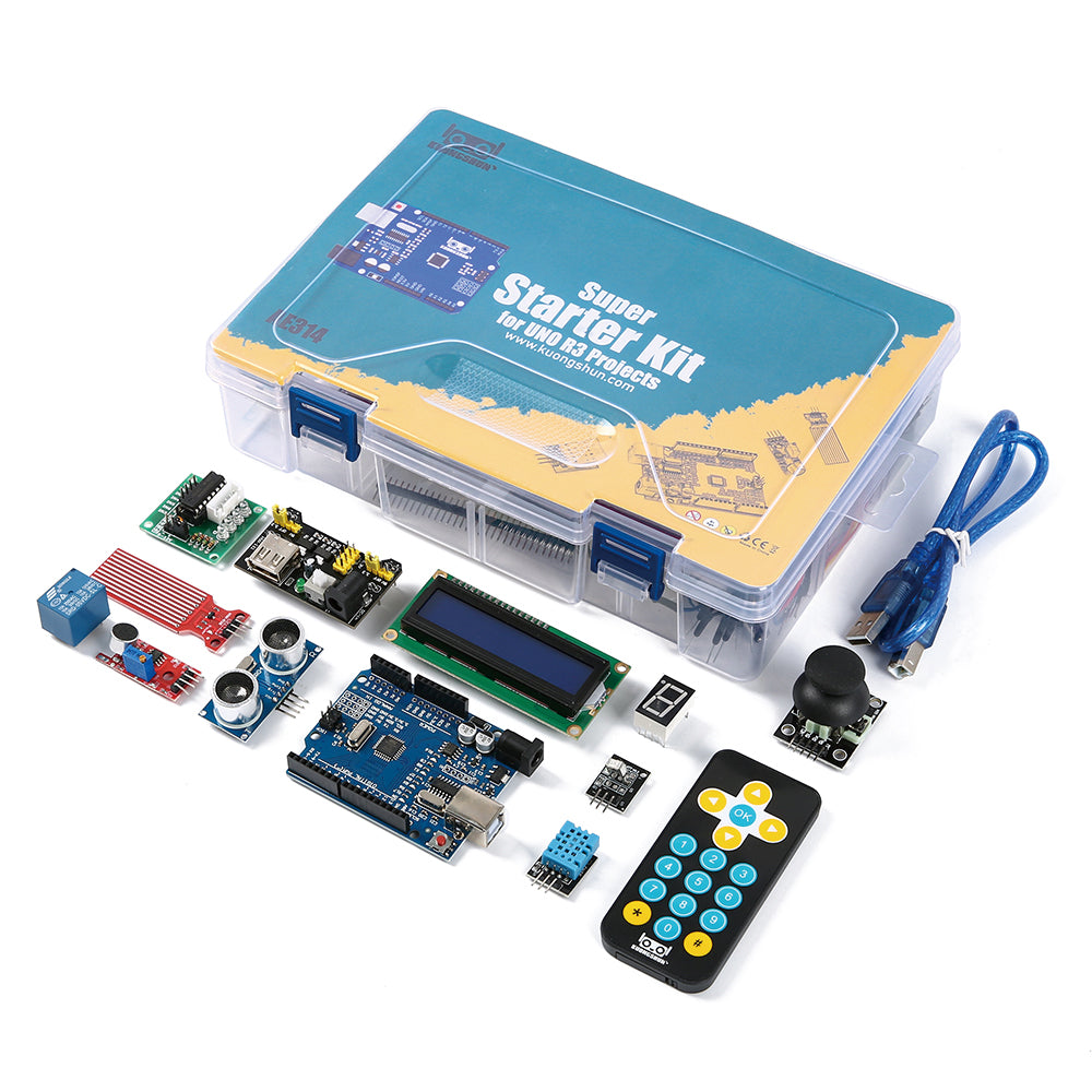 Super Starter Kit for Arduino Uno R3 with components including LCD, remote, sensors, joystick, and USB cable