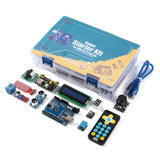 Super Starter Kit for Arduino Uno R3 with components including LCD, remote, sensors, joystick, and USB cable