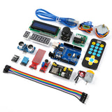 Super Starter Kit for Arduino Uno R3 including LCD, joystick, sensors, remote, motor, and jumper wires