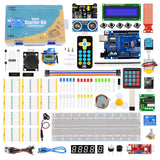 Complete Super Starter Kit for Arduino Uno R3 including sensors, LEDs, remote, breadboard, motor, keypad, and cables