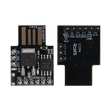 ATtiny85 USB development board Digispark showing front with components and back with pin labels