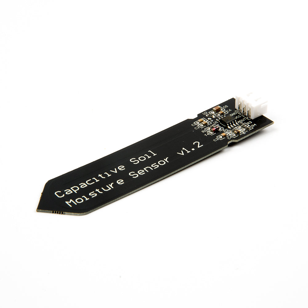 Capacitive Soil Moisture Sensor V1.2 with black PCB and white connector for Arduino and ESP32 projects