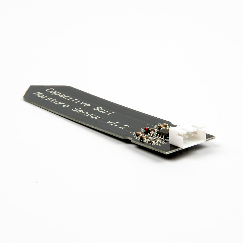 Capacitive Soil Moisture Sensor V1.2 with white connector and black PCB for accurate soil moisture detection