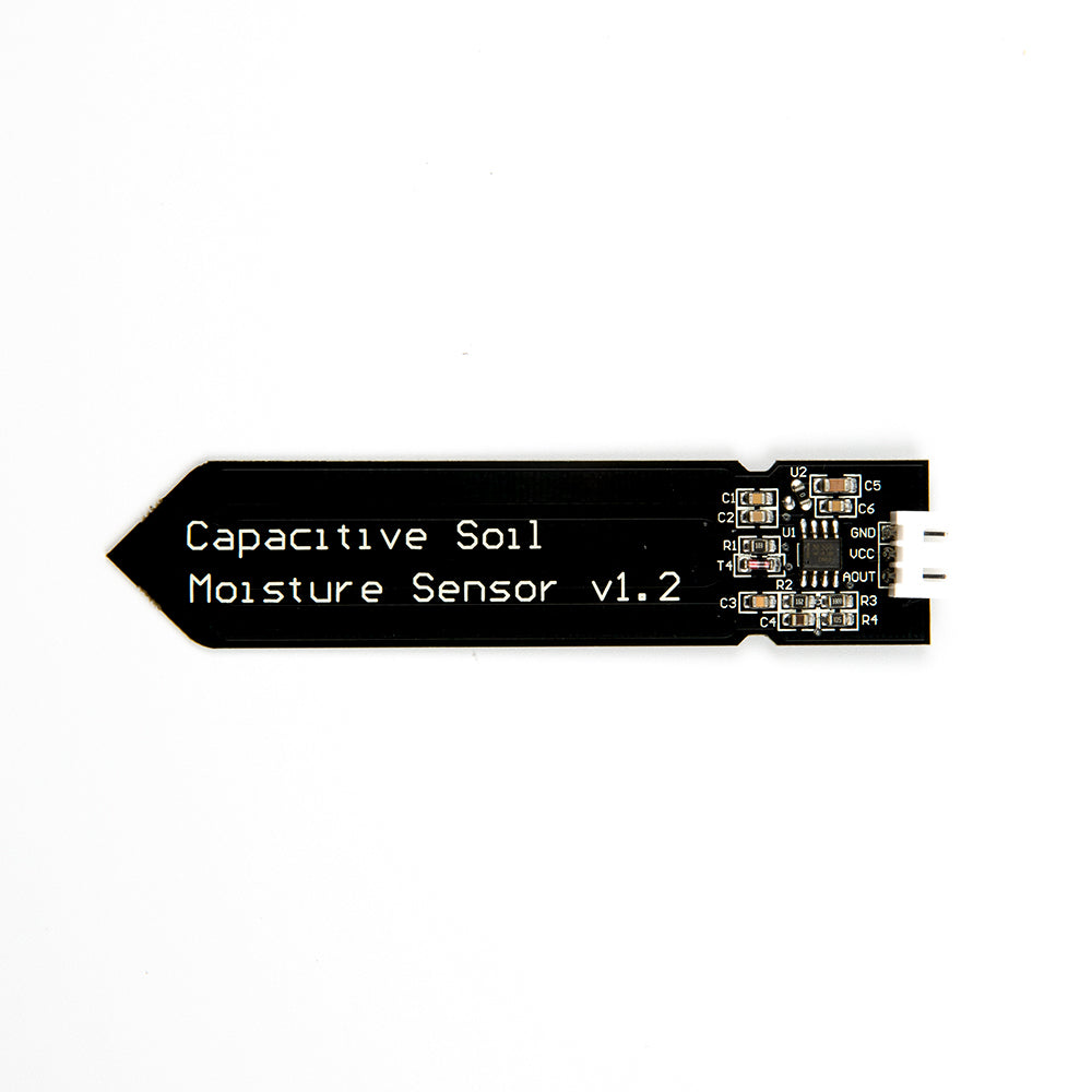 Capacitive Soil Moisture Sensor v1.2 black PCB with electronic components and white connector
