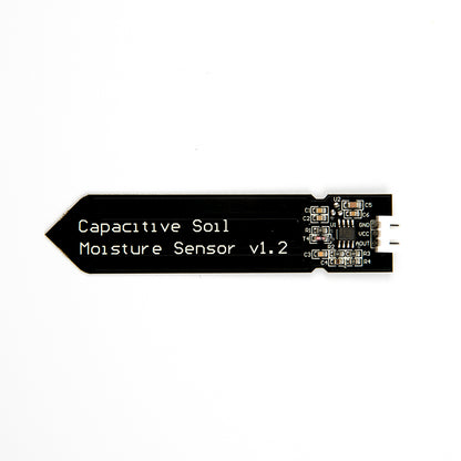 Capacitive Soil Moisture Sensor v1.2 black PCB with electronic components and white connector