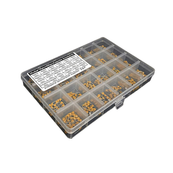 600 piece ceramic capacitor assortment kit in plastic storage box with labeled compartments