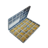 600 piece ceramic capacitor kit with multiple values organized in a clear plastic storage box