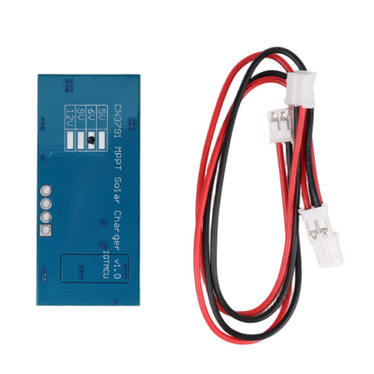 Back side of CN3791 6V MPPT solar charger module with attached red and black wires and connectors
