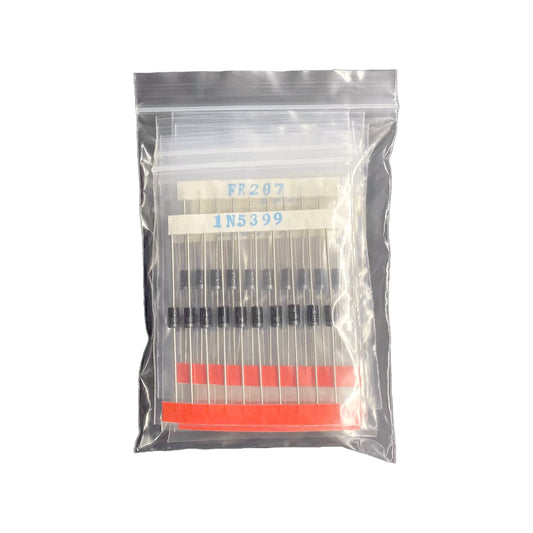 Pack of common diodes including 1N5399 and FR207 in labeled resealable plastic bags
