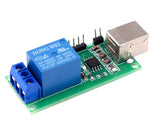 angled view of USB Control Module 1-Channel 5V Relay Module featuring blue relay and USB connector