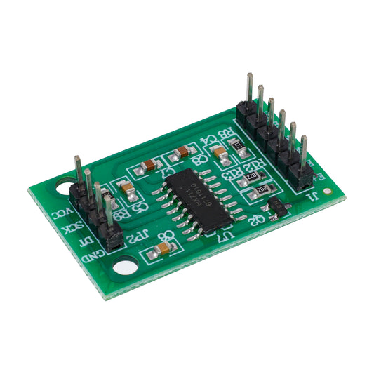 Green HX711 load cell amplifier module angled view with pins for Arduino