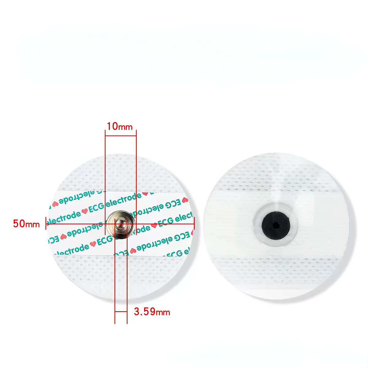 ECG electrode pads front and back view with size dimensions for AD8232 heart rate and ECG sensor