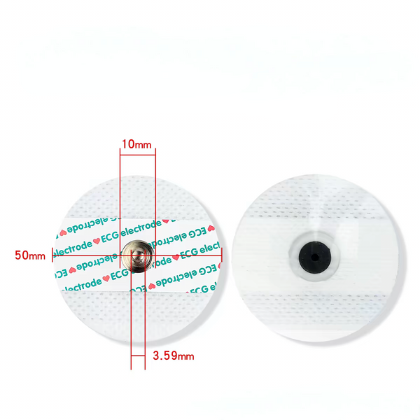 ECG electrode pads front and back view with size dimensions for AD8232 heart rate and ECG sensor