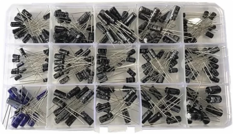 200 piece electrolytic capacitor kit ranging from 0.1uF 50V to 220uF 10V in a clear plastic organizer box