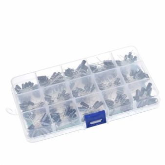 200PCS electrolytic capacitor kit with various capacitance values in a clear plastic organizer box