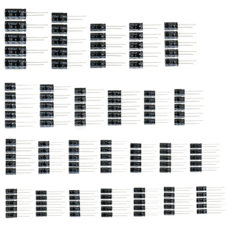 200PCS electrolytic capacitors in various values from 0.1uF 50V to 220uF 10V arranged in rows on white background