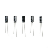 Close-up of five black electrolytic capacitors with long leads, various capacitance values visible