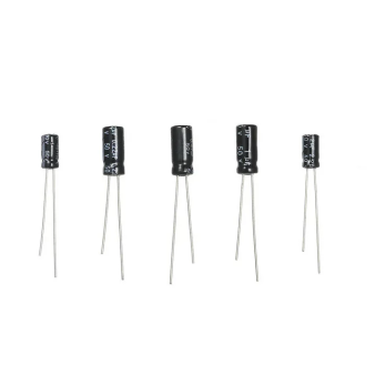 Five different sizes of black electrolytic capacitors with silver leads for electronics projects