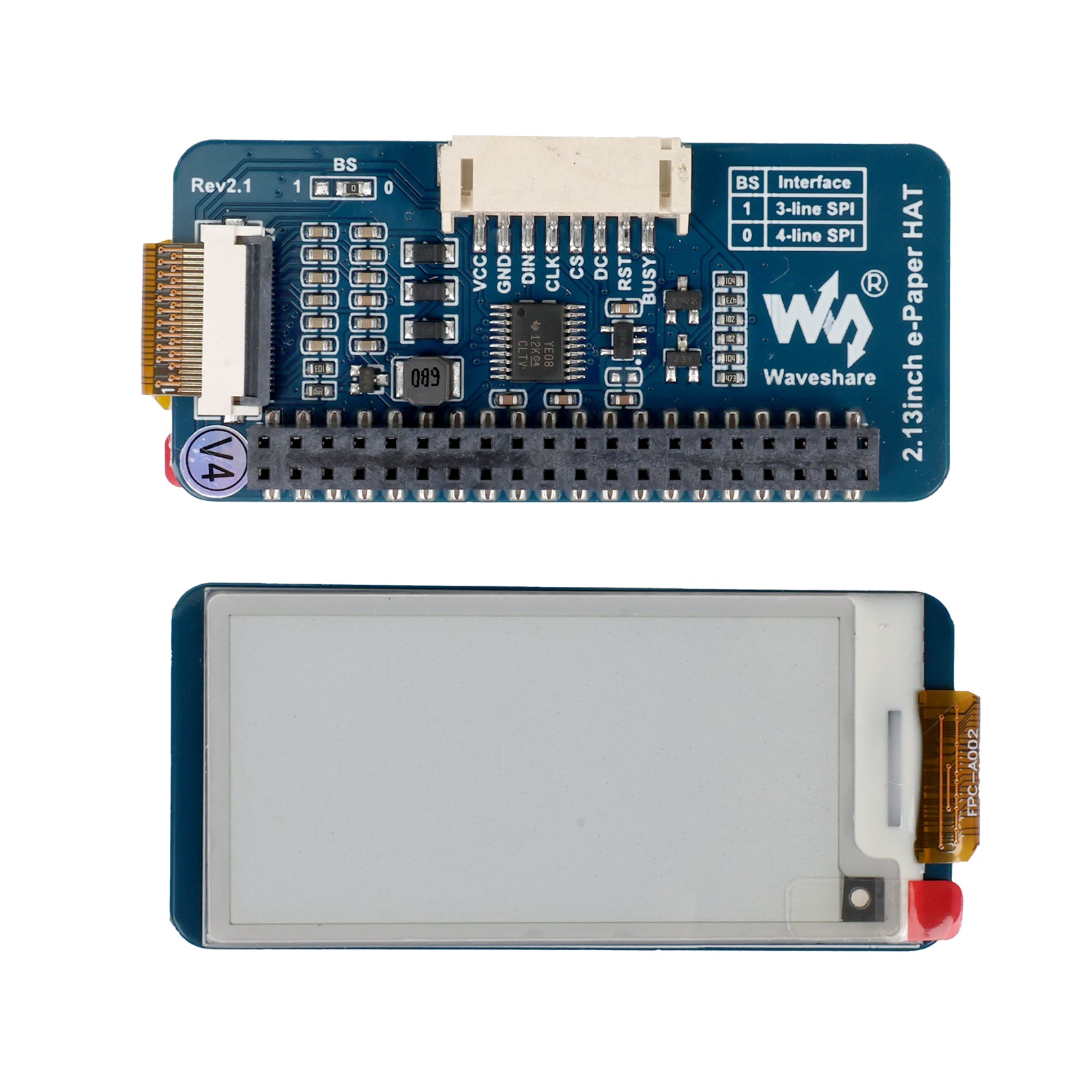 2.13 inch black and white e-paper HAT with SPI interface and GPIO pins for Raspberry Pi