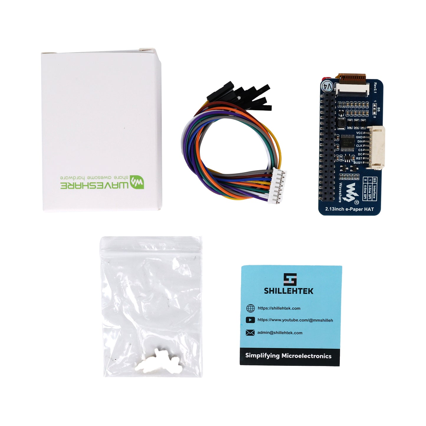 2.13 inch black and white e-paper HAT with cables, screws, and ShillehTek info card