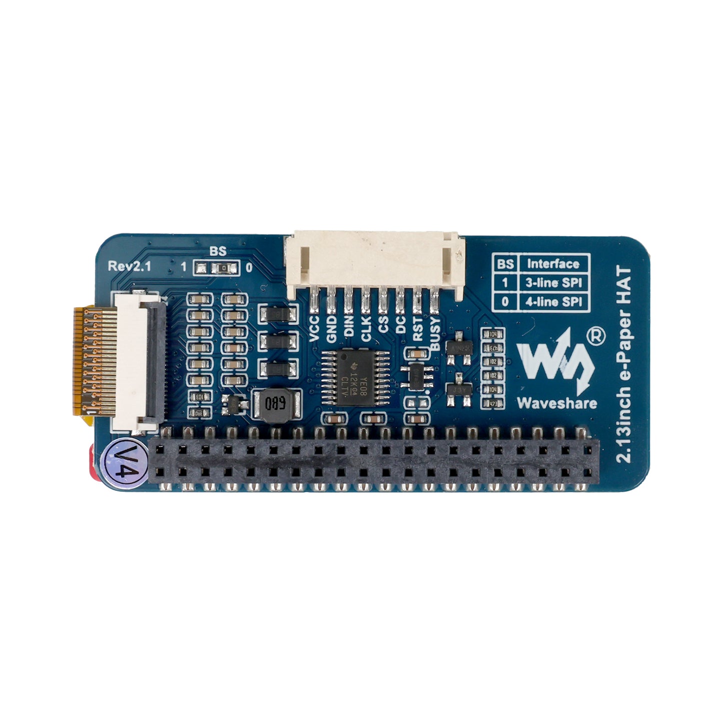Top view of 2.13 inch black and white e-paper HAT showing SPI interface connectors and components