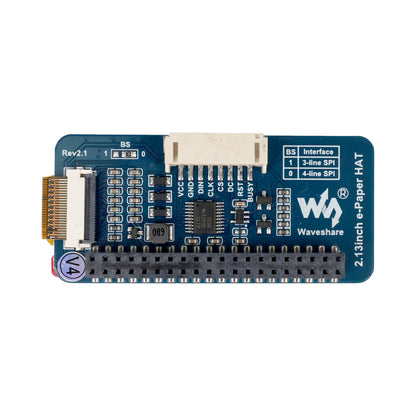 Top view of 2.13 inch black and white e-paper HAT showing SPI interface connectors and components