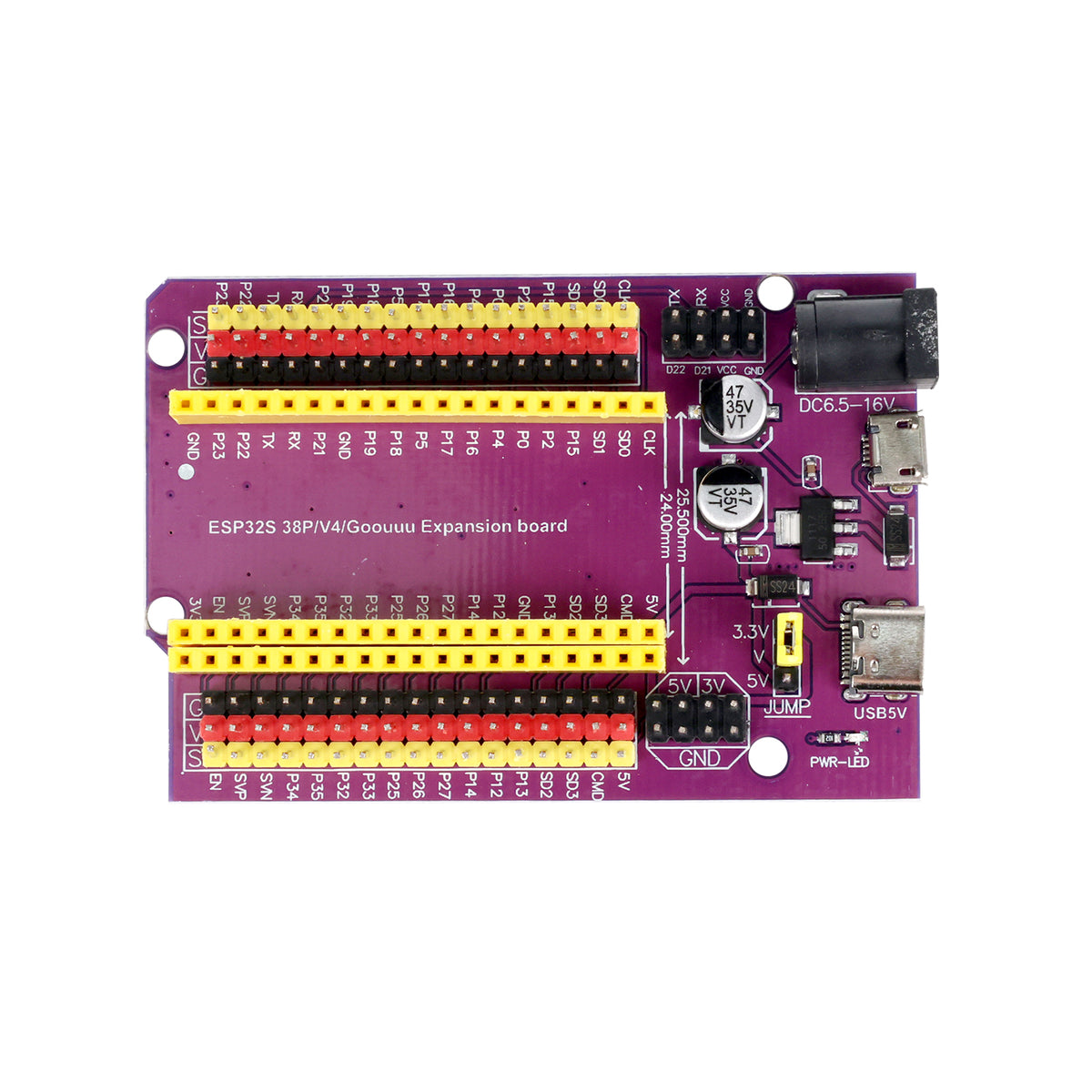 ESP32 38-pin GPIO expansion breakout board with multiple colored pin headers and power connectors