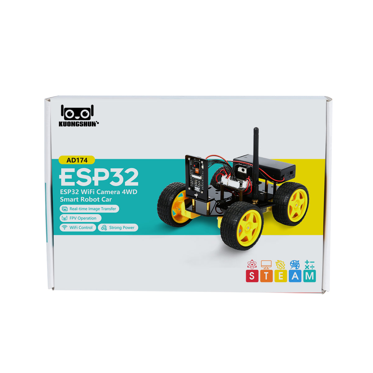 ESP32-CAM 4WD smart robot car kit with WiFi app control and yellow wheels on product packaging